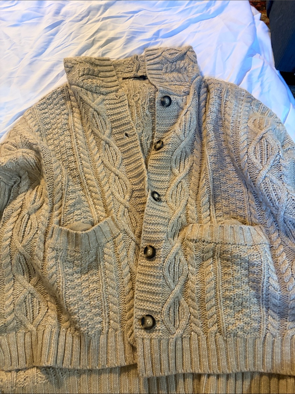 Doe & Rae Cream Cable Knit Shawl Collar Cardigan